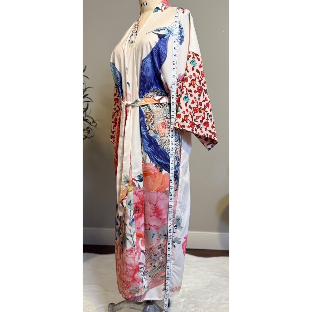 Peacock Floral Satin Kimono Robe One Size Belted Long Duster Cover Up Loungewear - Picture 11 of 15